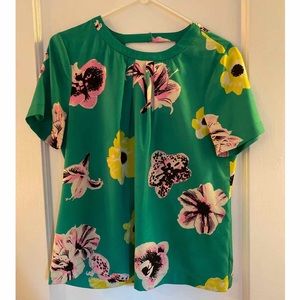 J. Crew Green Cross Back Blouse Flower Print Sz M